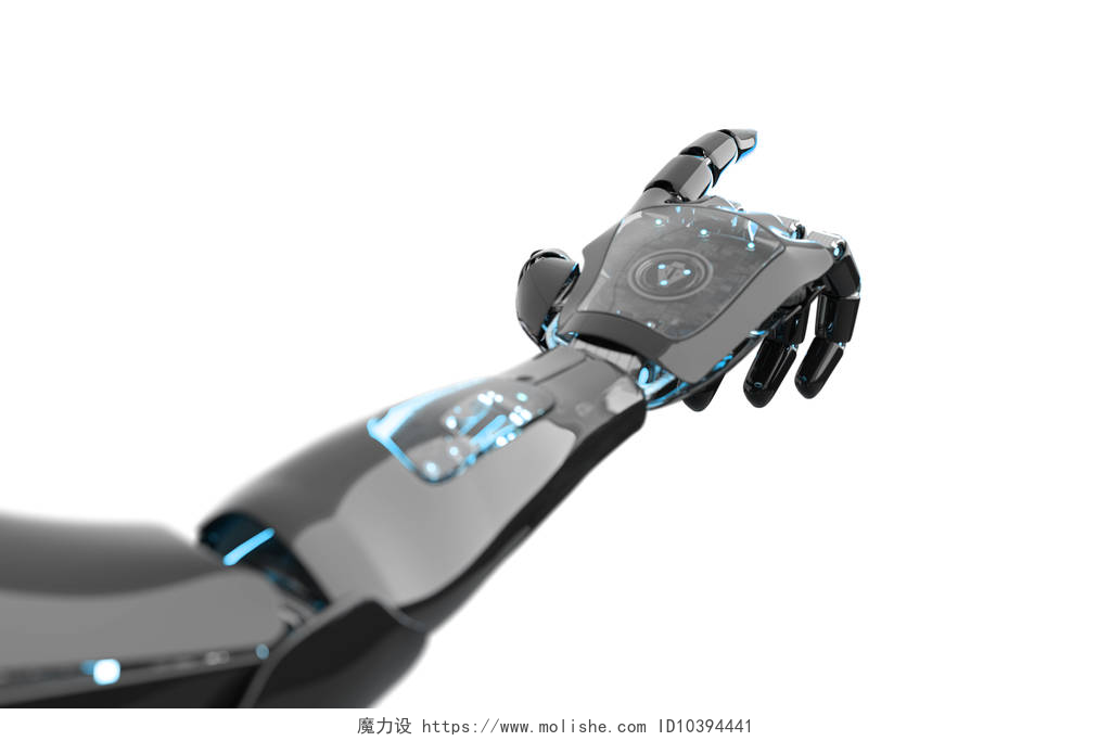 白色背景中黑色机器人的手臂特写黑色和蓝色智能机器人机器人机器人手臂指向d
